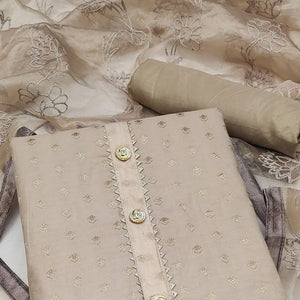 Brown Woven With Gota Work Cotton Blend Dress Material