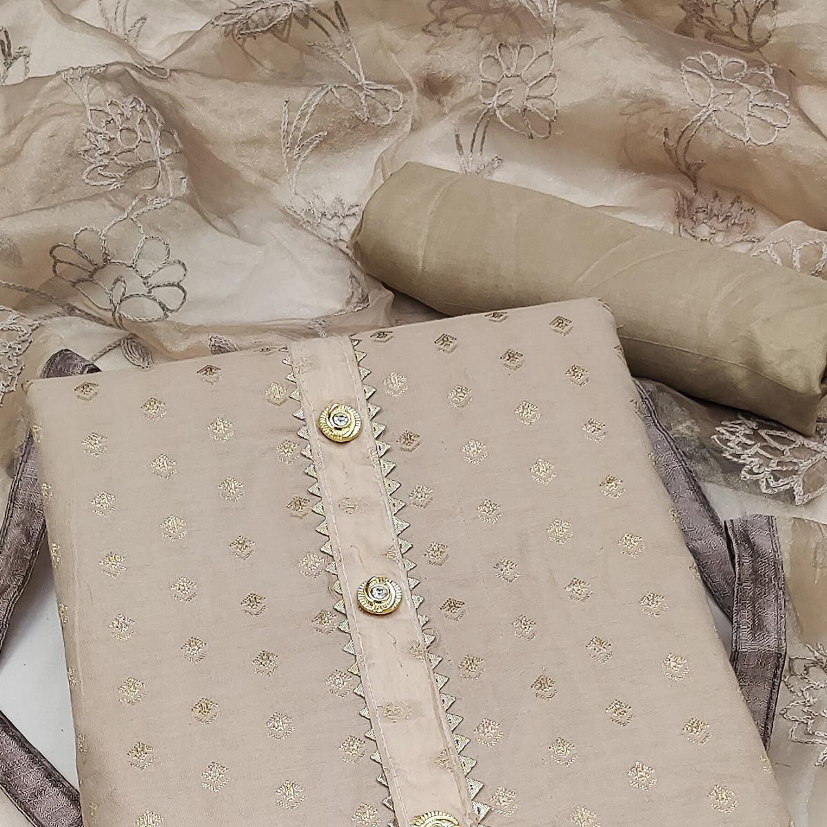Brown Woven With Gota Work Cotton Blend Dress Material