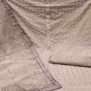 Brown Woven With Gota Work Cotton Blend Dress Material