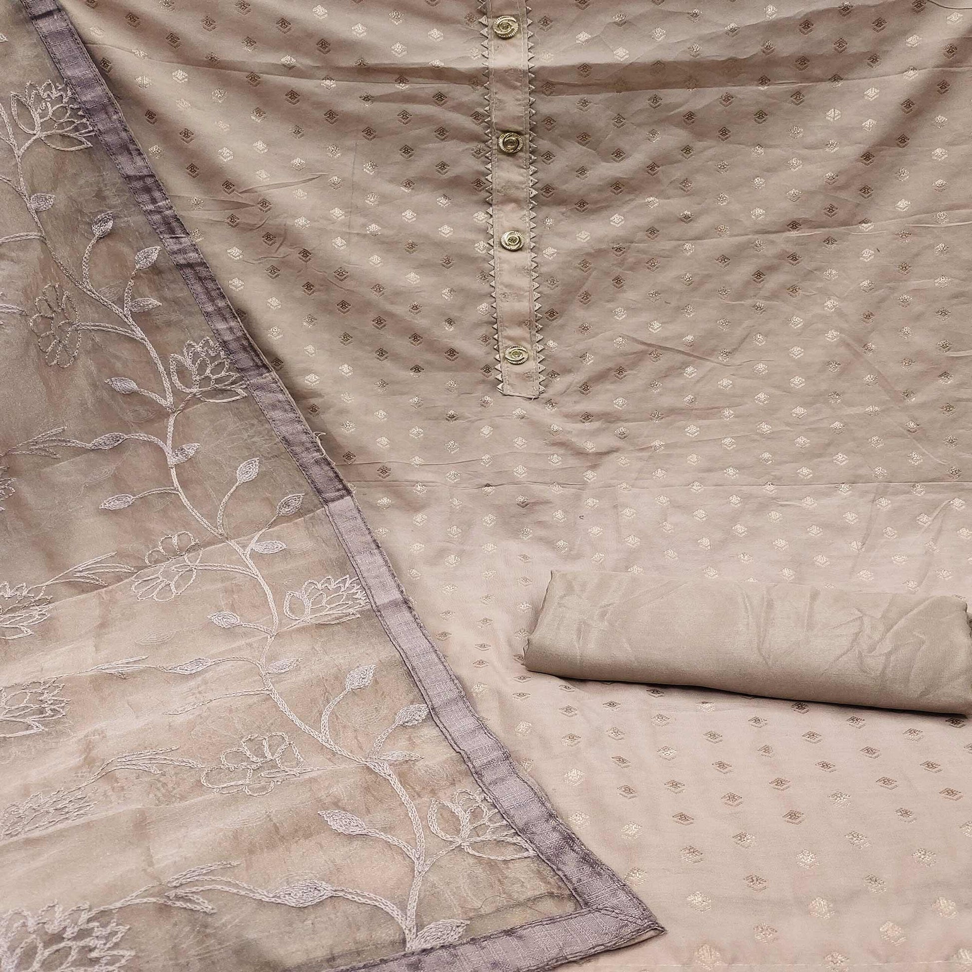 Brown Woven With Gota Work Cotton Blend Dress Material