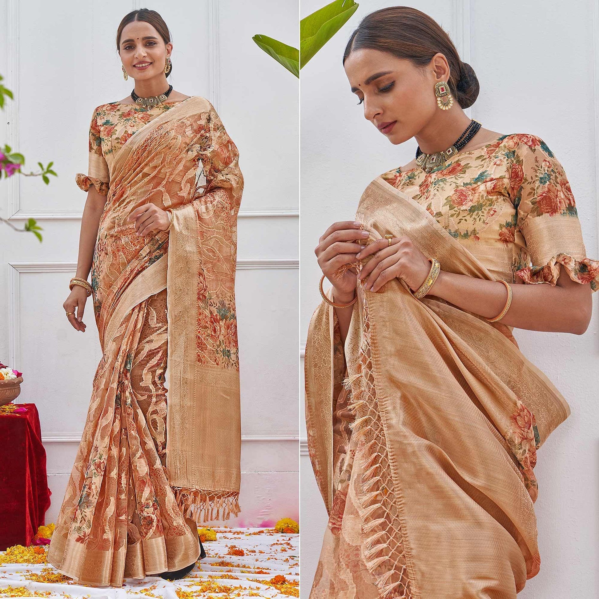 Brown Woven With Printed Organza Saree