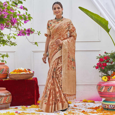 Brown Woven With Printed Organza Saree
