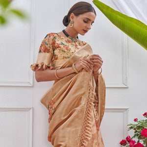 Brown Woven With Printed Organza Saree