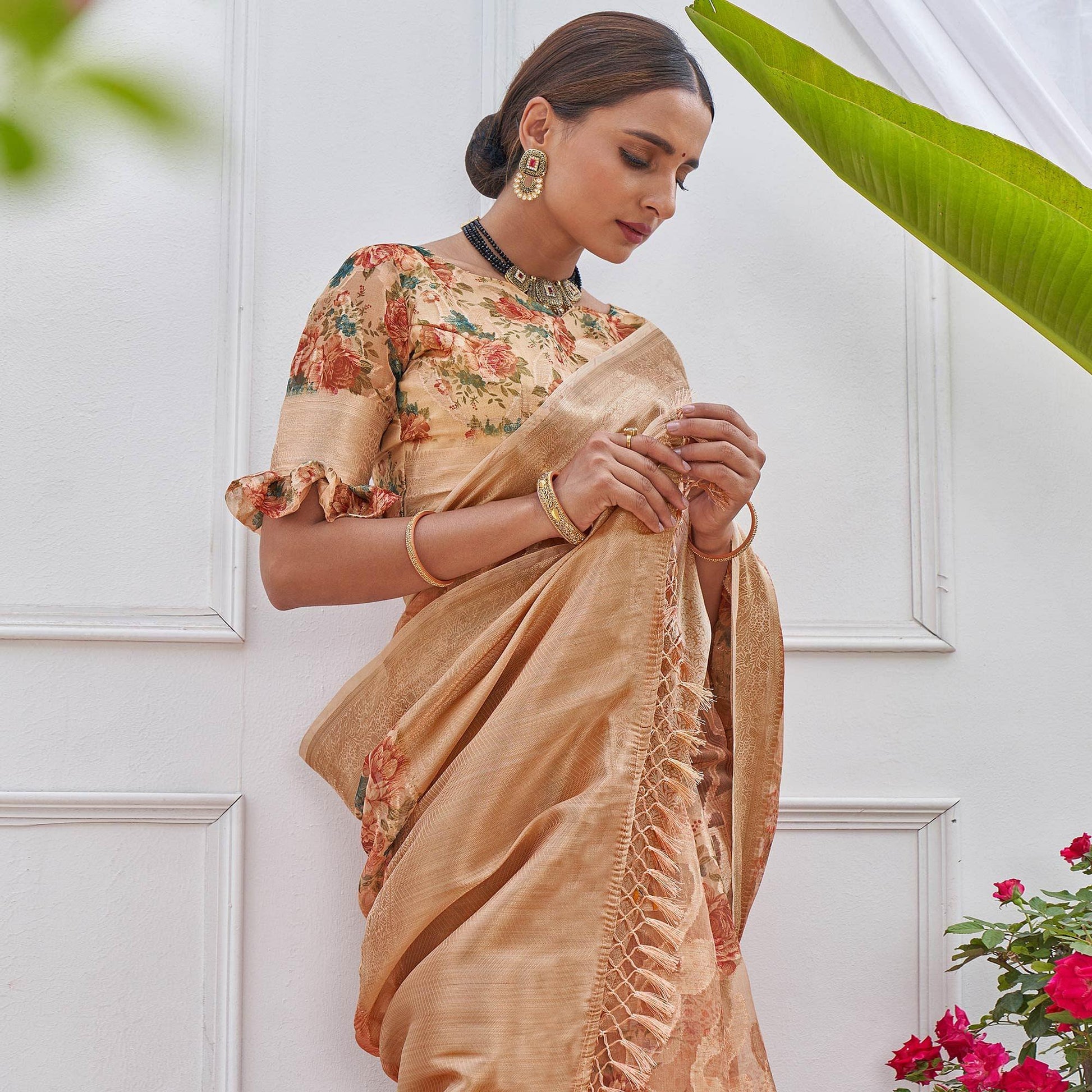 Brown Woven With Printed Organza Saree