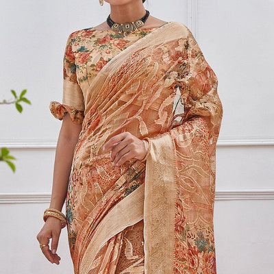 Brown Woven With Printed Organza Saree
