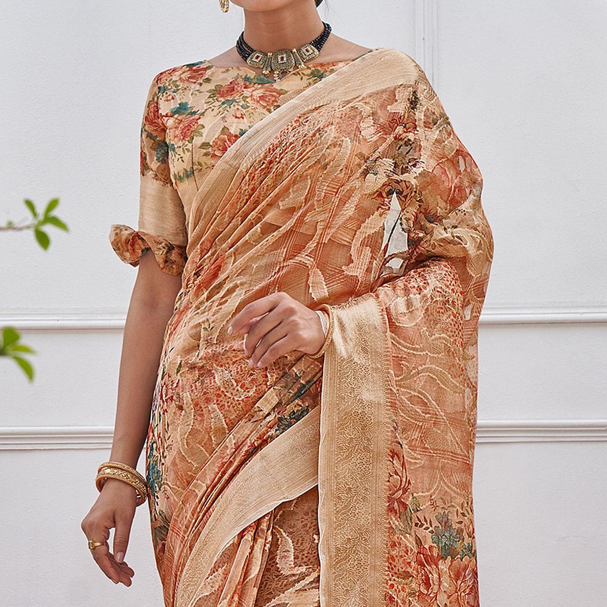 Brown Woven With Printed Organza Saree