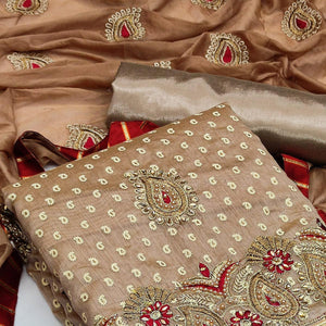 Brown Zardosi Work Fancy Fabric Dress Material