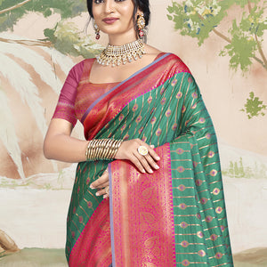 Teal Silk Saree With Blouse Piece
