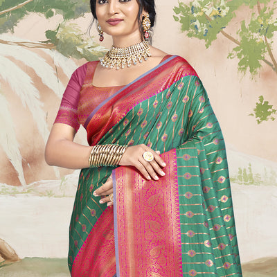 Teal Silk Saree With Blouse Piece