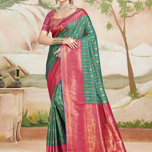 Teal Silk Saree With Blouse Piece