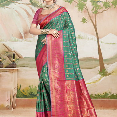 Teal Silk Saree With Blouse Piece