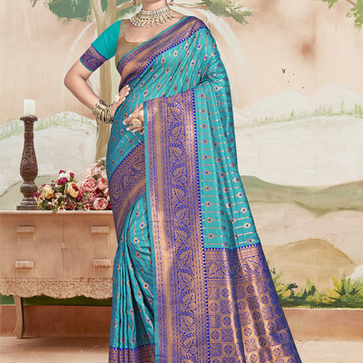 Sky Blue Silk Saree With Blouse Piece