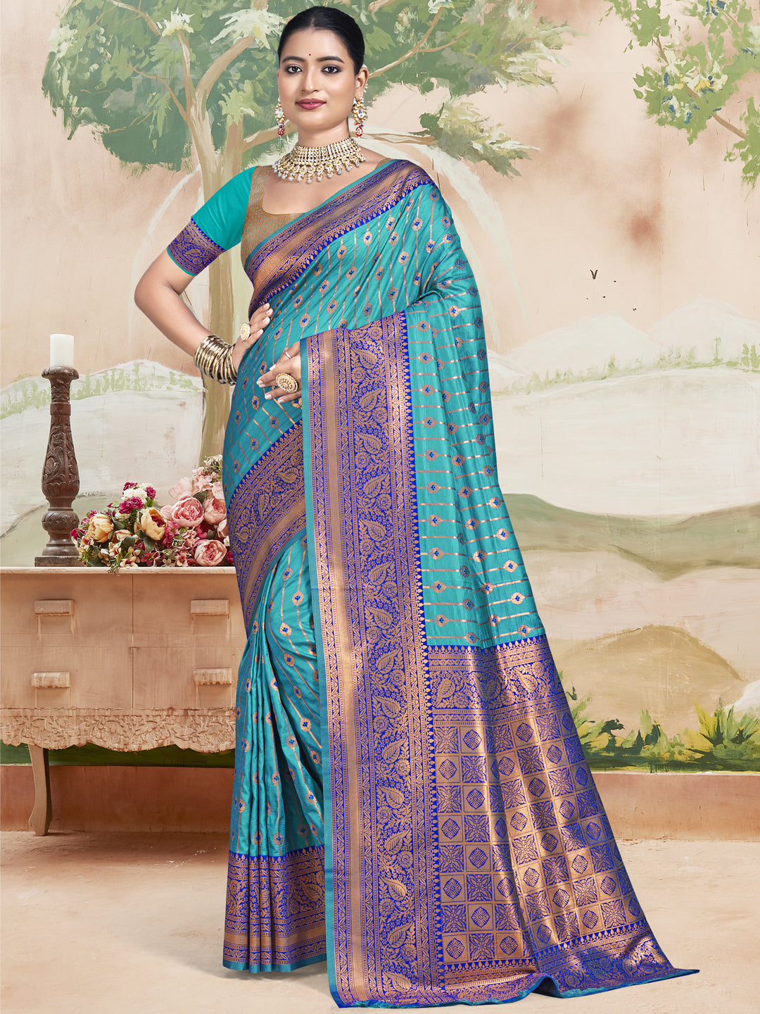 Sky Blue Silk Saree With Blouse Piece