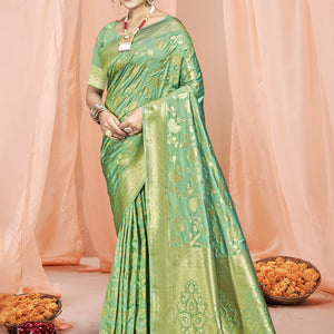 Teal Silk Saree With Blouse Piece