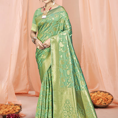 Teal Silk Saree With Blouse Piece