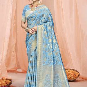 Sky Blue Silk Saree With Blouse Piece