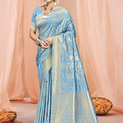 Sky Blue Silk Saree With Blouse Piece