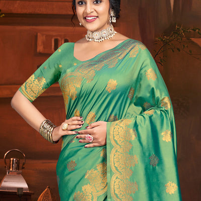 Teal Silk Saree With Blouse Piece
