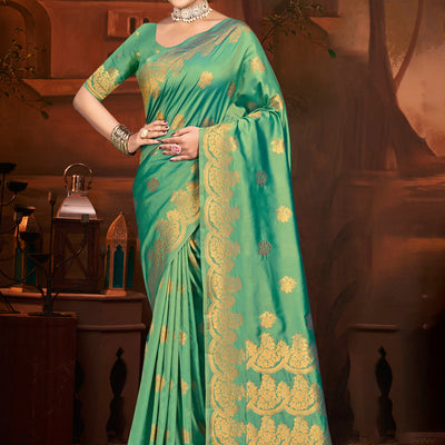 Teal Silk Saree With Blouse Piece