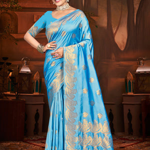 Sky Blue Silk Saree With Blouse Piece
