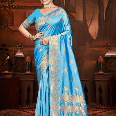 Sky Blue Silk Saree With Blouse Piece