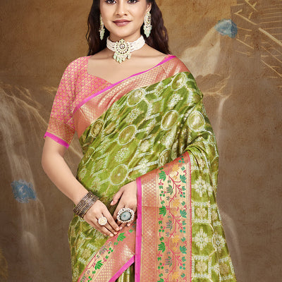 Olive Green Silk Saree With Blouse Piece