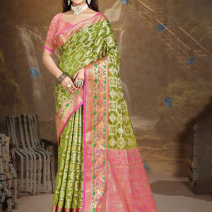 Olive Green Silk Saree With Blouse Piece