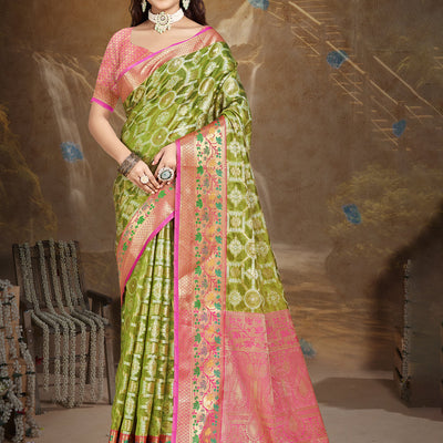 Olive Green Silk Saree With Blouse Piece
