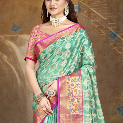 Turquoise Silk Saree With Blouse Piece