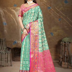 Turquoise Silk Saree With Blouse Piece