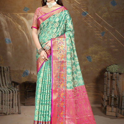 Turquoise Silk Saree With Blouse Piece