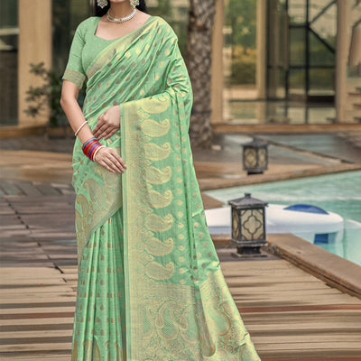 Pista Green Silk Saree With Blouse Piece