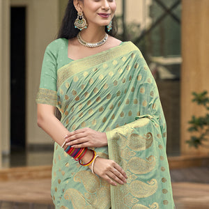 Turquoise Silk Saree With Blouse Piece