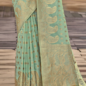 Turquoise Silk Saree With Blouse Piece
