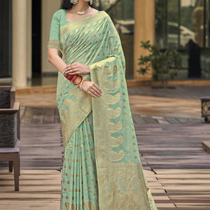 Turquoise Silk Saree With Blouse Piece