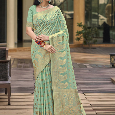 Turquoise Silk Saree With Blouse Piece