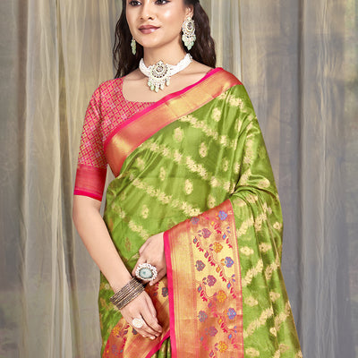 Olive Green Silk Saree With Blouse Piece