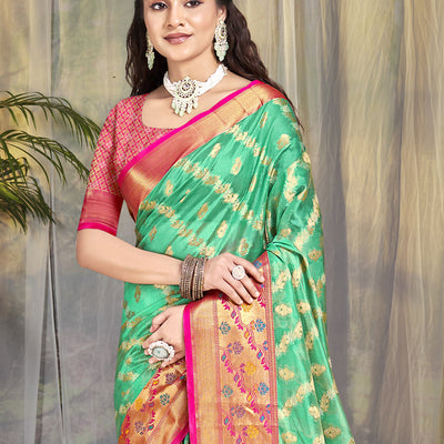 Teal Silk Saree With Blouse Piece