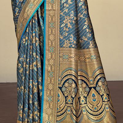 Blue Satin Silk Saree With Blouse Piece