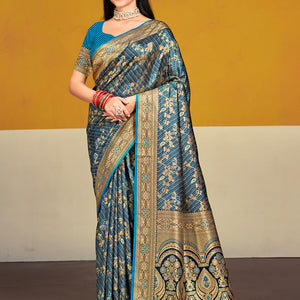 Blue Satin Silk Saree With Blouse Piece