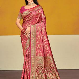 Pink Satin Silk Saree With Blouse Piece