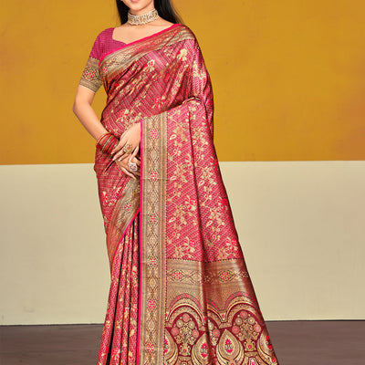 Pink Satin Silk Saree With Blouse Piece