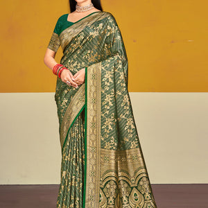 Green Satin Silk Saree With Blouse Piece