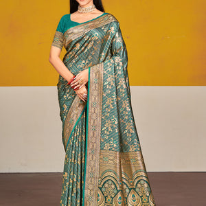 Green Satin Silk Saree With Blouse Piece