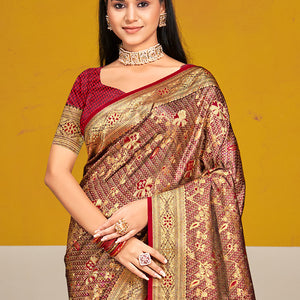 Maroon Satin Silk Saree With Blouse Piece