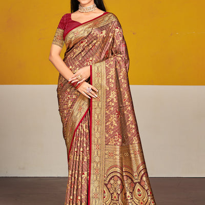 Maroon Satin Silk Saree With Blouse Piece