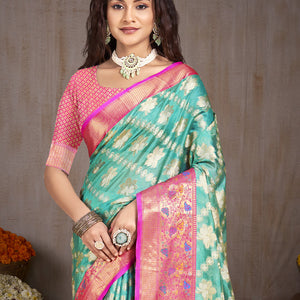 Sky Blue Silk Saree With Blouse Piece