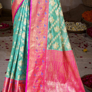 Sky Blue Silk Saree With Blouse Piece