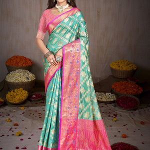Sky Blue Silk Saree With Blouse Piece
