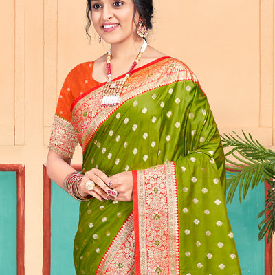 Olive Green Silk Saree With Blouse Piece